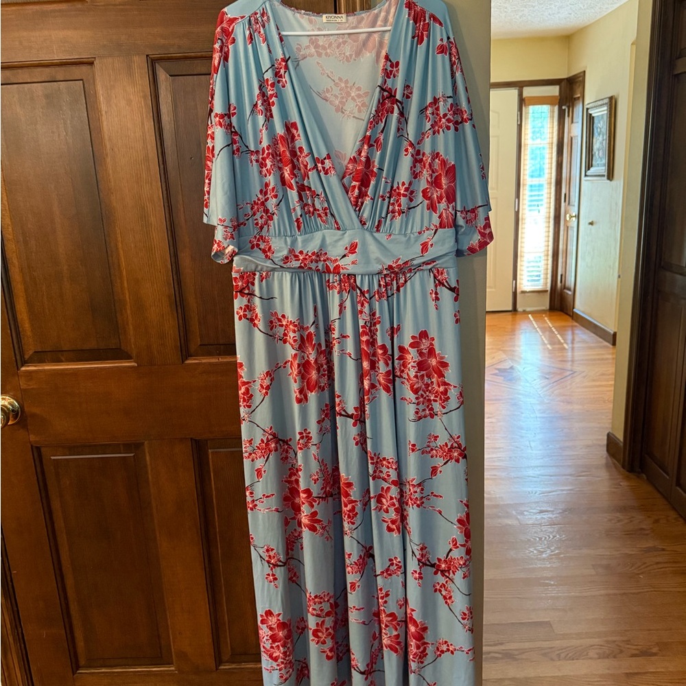 Kiyonna Blue and Red Floral Maxi Dress